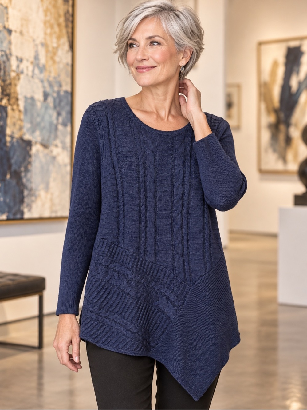 Dana Buchman Navy Asymmetrical Cable Knit Sweater